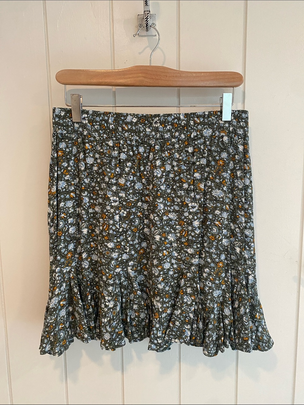 LOFT Olive Green Floral Mini Skirt with Ruffle Hem
